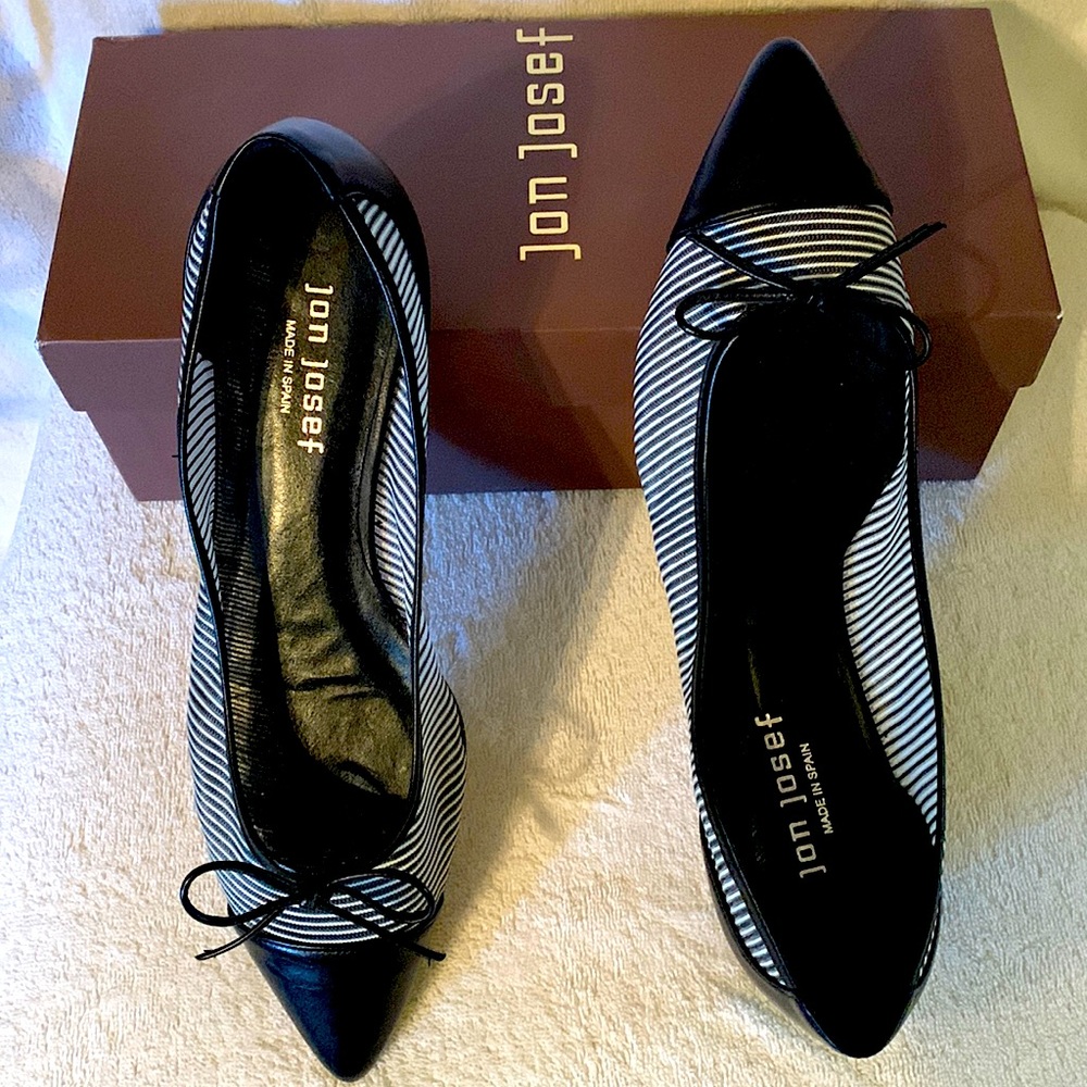 Jon Josef Flats, Caspe lll/Black&White Mesh with black leather pointed toes.